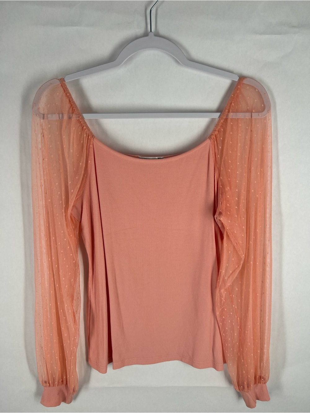 Dorose Coral Ribbed Balloon Sleeve Mesh Top Size M